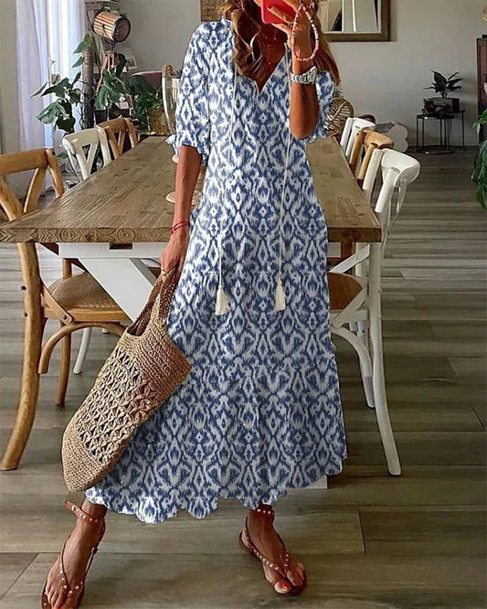 Andrea - Boho Vintage Robe imprimée à col en V